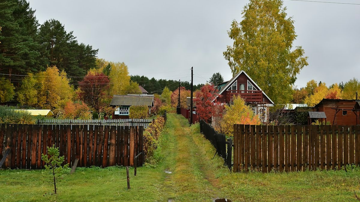 a fenced in yard with a house and trees in the background